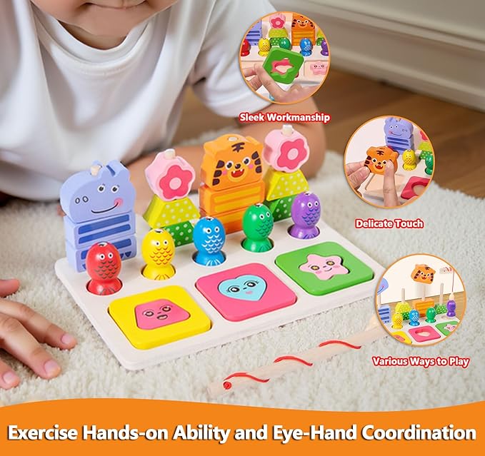 Wooden Montessori Toys for 3 Year Old，Shape Sorter Stacking Games, Fishing Games Preschool Learning Educational Toys for Boys Girls Toddlers (Animal)