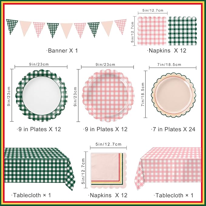 102 PCS Camp Bachelorette Decorations - Scalloped Gingham Plates, Napkins, Cups, Banner, Gingham Tablecloths for Baby Shower, Wedding, Birthday, Serves 25