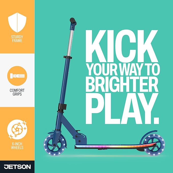 Jetson Jupiter Kids 2-Wheel Light-Up Kick Scooter, LED Lights on Handlebar, Stem, Wheels & Deck, Adjustable Handlebar, Rear Brake, Easy-Folding Mechanism, Ages 5+