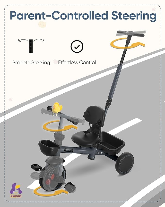 KRIDDO 2-in-1 Tricycle for Toddlers 1.5-5 Years, Push Tricycle with Parent Steering & Detachable Handle, 9-Stage Adjustable Handlebar, Toddler Trike with Safety Belt, Clutch Pedals & Dual Basket, Grey