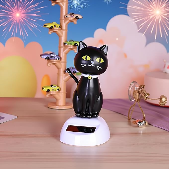 Black Solar Cat Kits Doll Dancing Cat Figure Car Ornament,Dancing Kits Ornament Solar Powered Car Dashboard Interior Decoration Desktop Decor Gift Window Party Car Desk Home Learning and Education