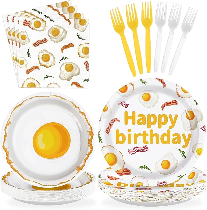 96Pcs Breakfast Birthday Decorations Bacon Fried Egg Plates and Napkins Xmas Brunch Theme Birthday Decoration Favors for Kids Adults Bday Baby Shower BBQ Picnic Holiday Party Supplies Serves 24