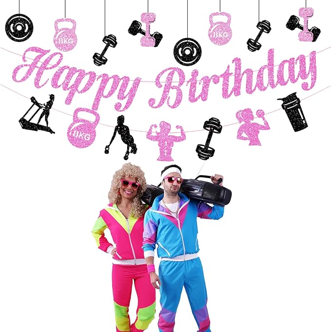 Zwiebeco Black Pink Gym Happy Birthday Banner Bunting Hanging Paper Ornament Garland Party Decoration for Fitness Dumbbells Kettlebells Weightlifting Themed Girls Women Bday Decor Accessories Supplies