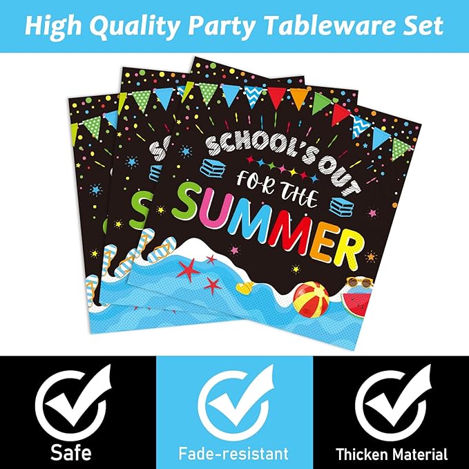 96 Pieces End of School Year Theme Tableware Set for Kids Class Summer Table Decorations Supplies School's Out Dessert Plates Napkins Forks for 24 Guests Tropical Beach Pool Disposable Party Favors