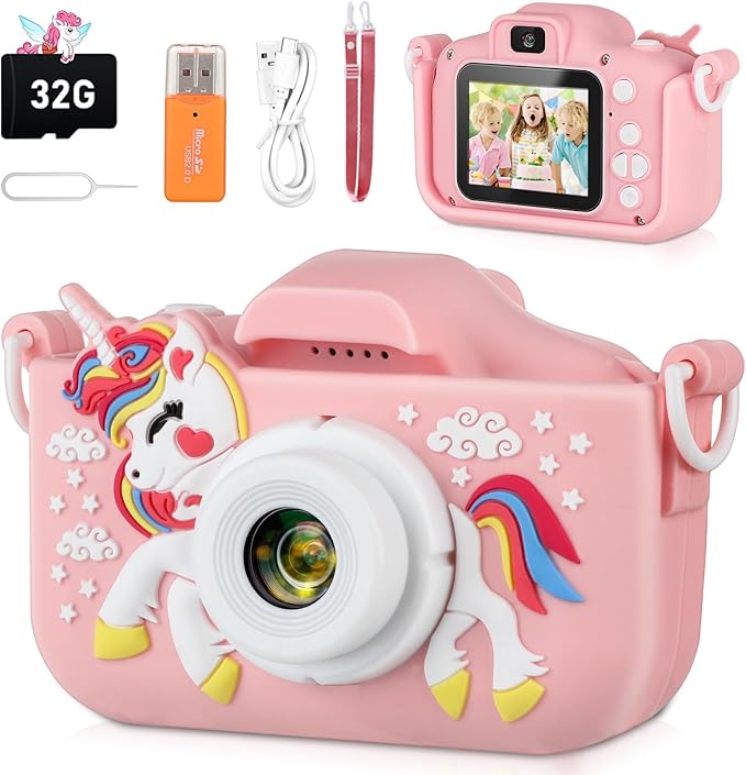 Unicorn Little Girls Toys Selfie Camera for 6-10 Years Old, HD Digital Video Camera with 32GB SD Card