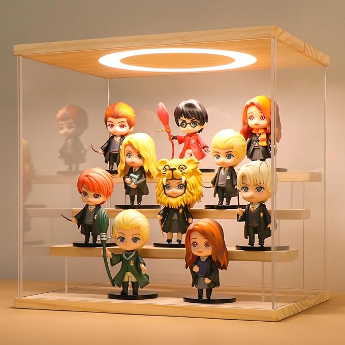 LASOA Acrylic Display Case with Adjustable LED Lights, 4 Tier Clear Display Box for Action Figures and Collectibles, Self-Assembly Showcase with Wooden Base for Miniatures, 11.8x8.9x11inch