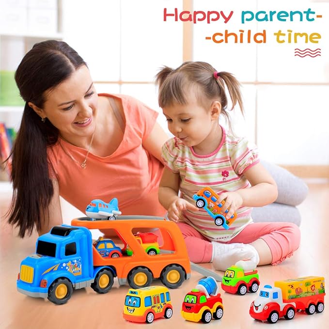 Forty4 9 Pack Cars Toys for 2 3 4 5 Years Old Toddlers Boys & Girls Gift, Big Transport Truck with 8 Small Cute Pull Back Trucks, Carrier Truck with Sound & Light 13.5 * 5.5 inch, 2.5 * 1.6 inch