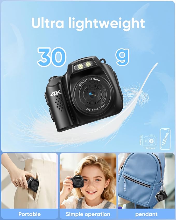 Mini Keychain Camera - 4K Mini Retro Digital Camera - Tiny Pocket Size Photo Video Cameras with 32GB Card - Small Compact Micro Portable Video Recorder for Travel Study Recording(Black)