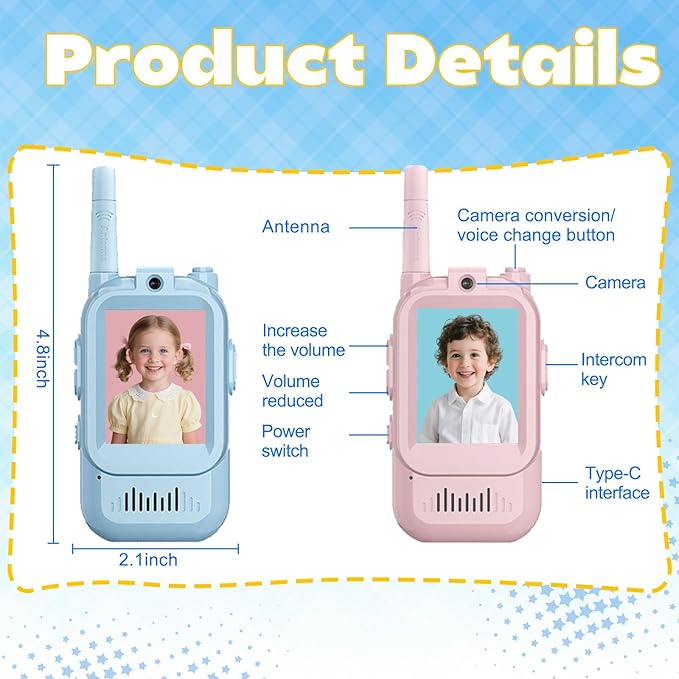Rechargeable Kids Walkie Talkies 2 Pack, 1000 Feet Range with Video Screen & Voice Changer, Birthday Gift Toy for 3-12 Year Olds, for Indoor Play Camping Hiking
