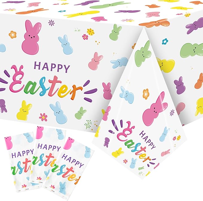 Easter Bunny Peeps Tablecloth - 3 Pack Happy Easter Tablecover Decoration Set Colorful Rabbits Plastic Disposable Rectangle Waterproof Table Covers Hello Spring Party Picnic Dinner Decor