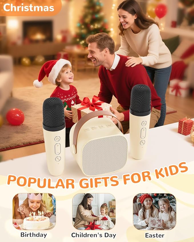 Mini Karaoke Machine for Kids Gifts for Girls Boys with 2 Wireless Microphones,4 Magic Voices,Portable Design for Indoor Outdoor Party Singing Fun,Birthday Christmas Toys for Children 3-12 Beige
