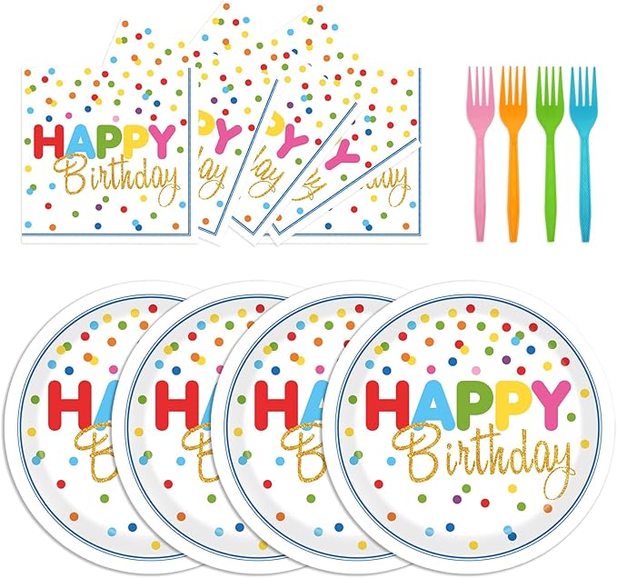 72Pcs Happy Birthday Plates and Napkins, Pink Polka Dot Themed Paper Plates Napkins Disposable Tableware Set for Birthday Party Decorations Supplies
