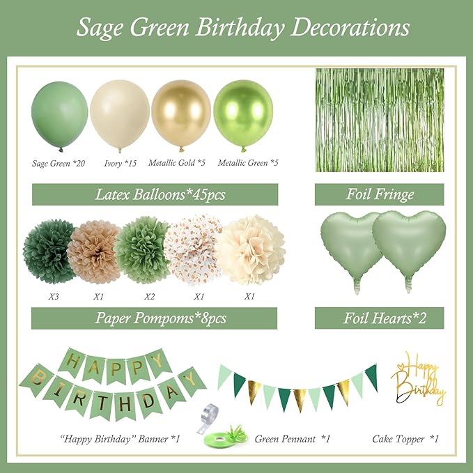 Sage Green Birthday Decorations, Birthday Party Décor, Gold Green Balloons Olive Happy Birthday Banner Fringe Curtain Background, Neutral Decorations for Women Men