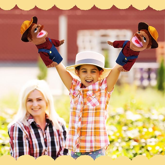 Role Play Hand Puppets Hand Plush Chef Doctor Fireman Pirate Detective Athlete Nurse Worker Hand Puppet Toys Puppets for Kids Storytelling Imaginative Pretend Play Teaching Preschool(Farmer)