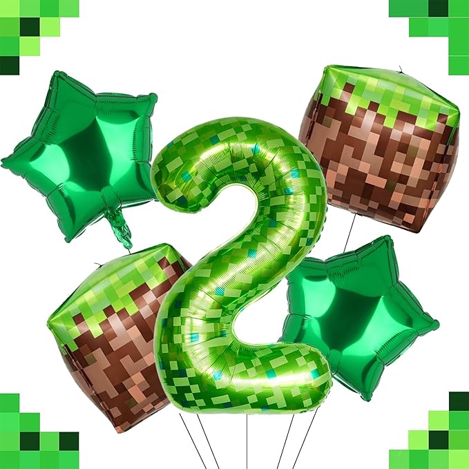 40 Inch Green Pixel Miner Number 2 Foil Balloon Set 5Pcs Large Mylar Mining Theme 2nd Number Balloons Pixel Cubes Video Game Birthday Party Decorations
