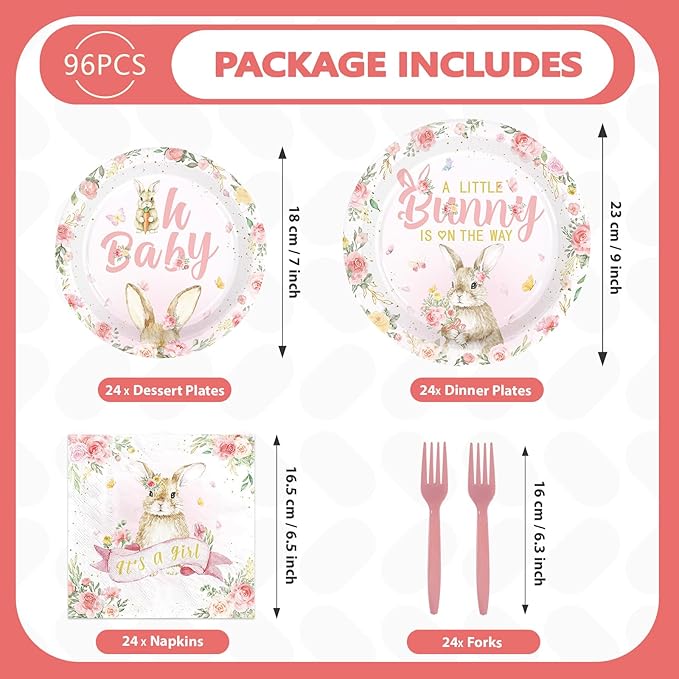 96 Pcs Easter Bunny Baby Shower Party Supplies A Little Bunny is on The Way Plates and Napkins Disposable Pink Floral Rabbit Tableware Set for Girls Baby Shower Party Decorations Serves 24