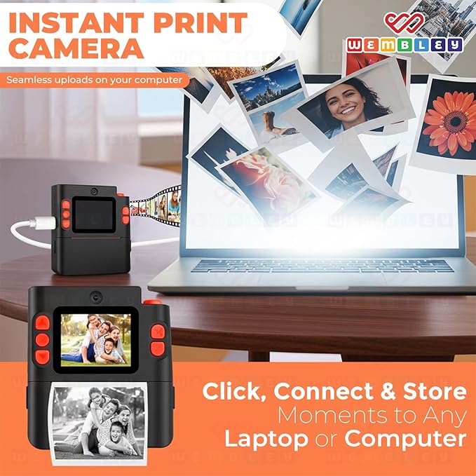 Wembley Kids Camera Instant Print | Birthday Gift Toys for Boys & Girls 3–10 Years | Unicorn Digital Dual Lens Toddler Camera Thermal Printer | 48MP 1080P Selfie & Video | 16X Zoom 32GB SD Card -Black