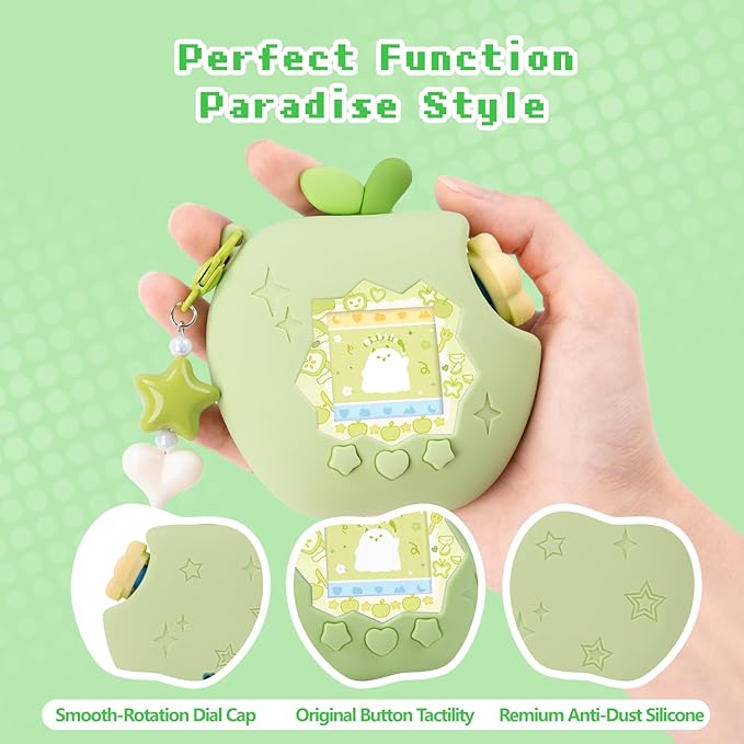 Apple Case for Tamagotchi Paradise, 4-iaradisen-1 Shockproof Silicone Protective Cover Kit with Faceplate, Flower Dial Cap & Charm, Kawaii Accessories for Girls & Adults (Green)
