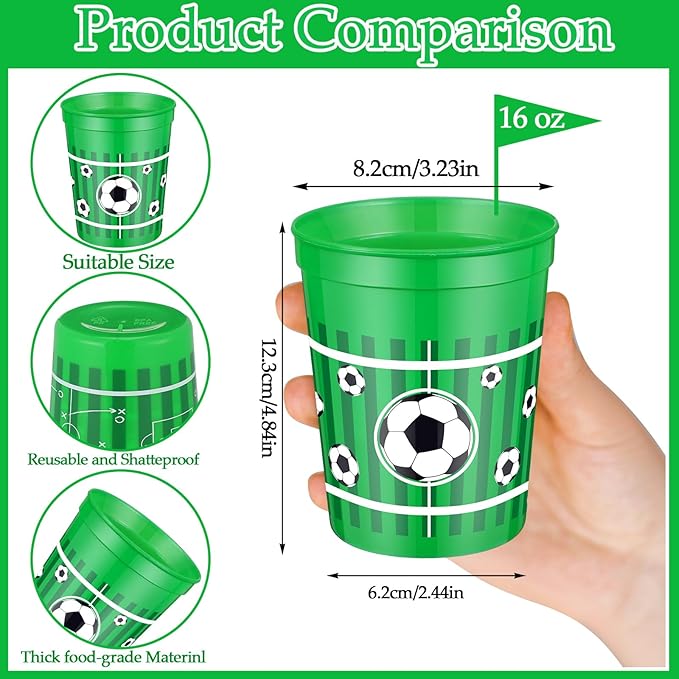 Norme 24 Pcs Soccer Party Plastic Cups Bulk Reusable Soccer Fan Party Plastic Cups 16 oz Sports Ball Reusable Supplies Decorations Ball Drinking for Sports Birthday Favors