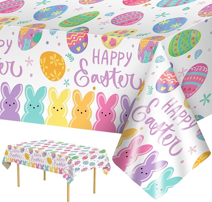 2 Pcs Happy Easter Table Cloth - Plastic Bunny Eggs Tablecloth, Disposable Rectangle Spring Floral Table Cover for Easter Home Dining Kitchen Activity Party Decorations Tables Decor, 108 x 54 Inch