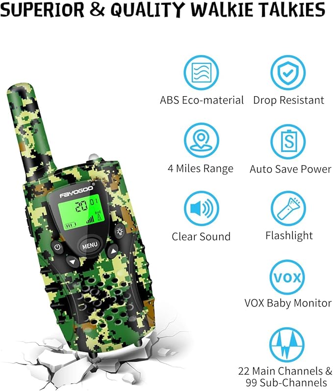 FAYOGOO 2 Pack Walkie Talkies for Kids Long Range 4 Miles,Kids Walkie Talkies with Flashlight, Christmas Birthday Toys Gifts Ideas Present for 3-12 Year Old Boys Girls (Green)
