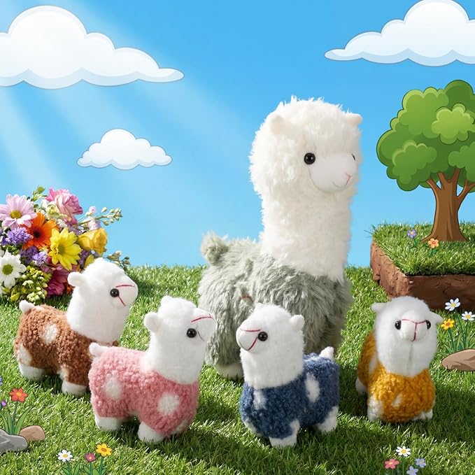 Civaner Llama Stuffed Animal with 4 Baby Llama Plushies Cute Alpaca Plush Set Soft Kawaii Alpaca Pillow for Kids Girls Easter Mother's Day Birthday Party Charity Donation Home Decor(Green)