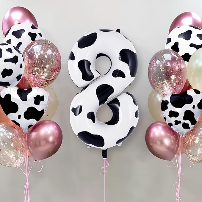 Cow Print Number 8 Balloon, Large 40 Inch Cow Number Birthday Balloons, Foil Mylar Number 8 Balloons for 8 Year Old Birthday Party Decorations Supplies Animal Farm Cowboy Cowgirl Themed Party