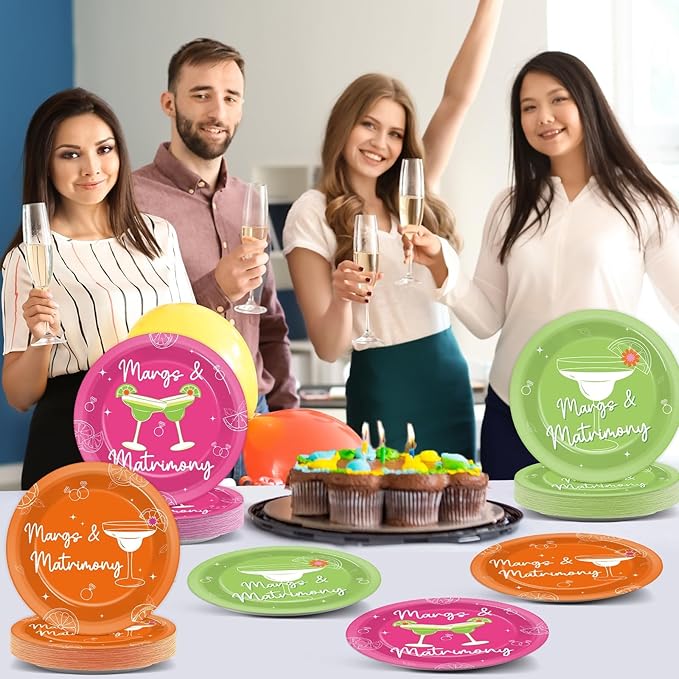 60Pcs Margs & Matrimony Bachelorette Party Supplies 7” Margarita Spring Plates Tableware Party Decorations for Birthday Bridal Shower Wedding Mexican Fiesta Dinnerware Party Favors for 60 Guest