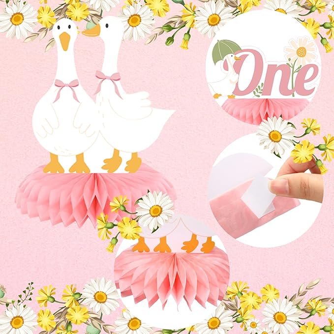 12 Pcs One Silly Goose Birthday Decoration Girls Honeycomb Centerpieces Pink White Silly Goose Table Decoration Cake Balloon Heart Flowers Table Topper for 1st Birthday Party Favor Supplie