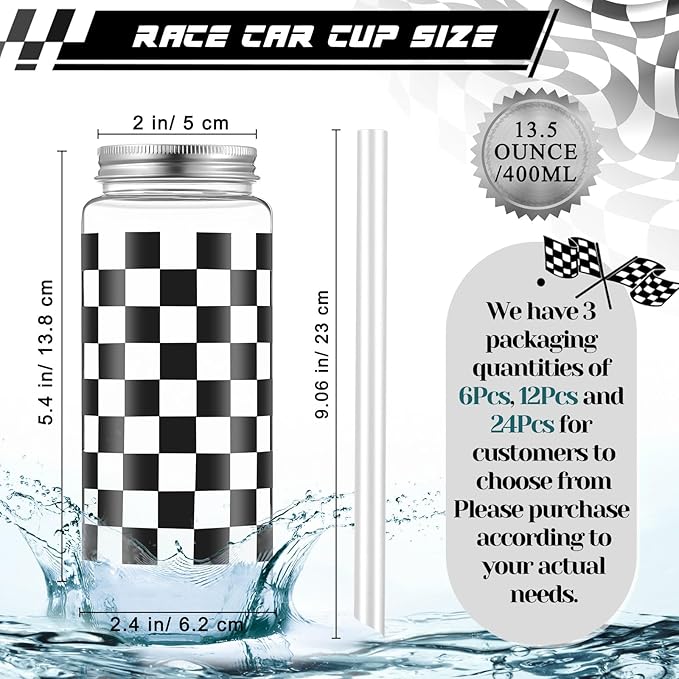 Patelai 24 Pack Race Car Cups 13.5 oz Plastic Tumbler with Lid and Straw Checkered Flag Party Supplies Clear Black Plaid Cups for Race Car Birthday Sports Themed Party Supplies