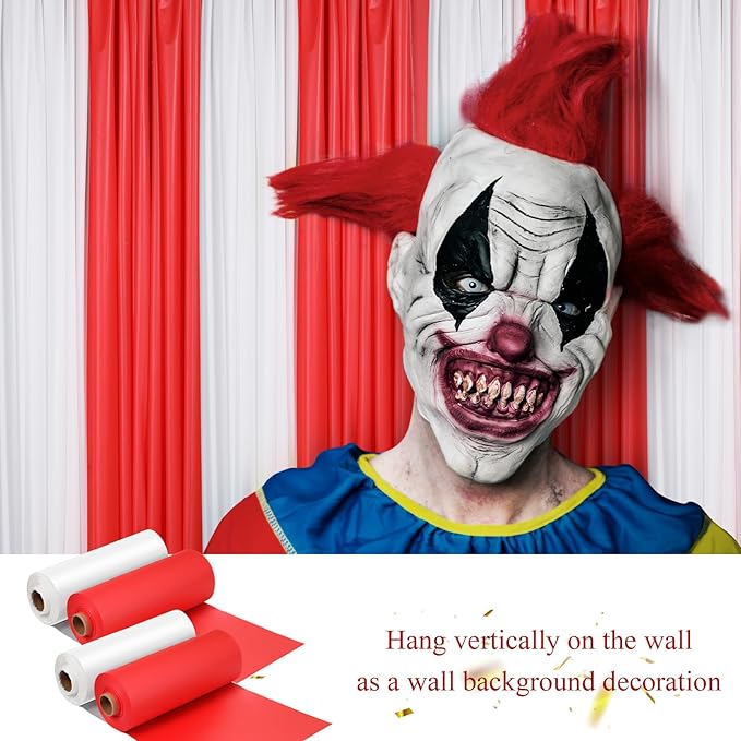 Moukeren 40'' x 100' Circus Tablecloth Roll Plastic Tablecloth Disposable DIY Carnival Tent Party Supplies for Big Top Tent Backdrop Curtains Ceiling Wall Drapes(White, Red,10 Roll)