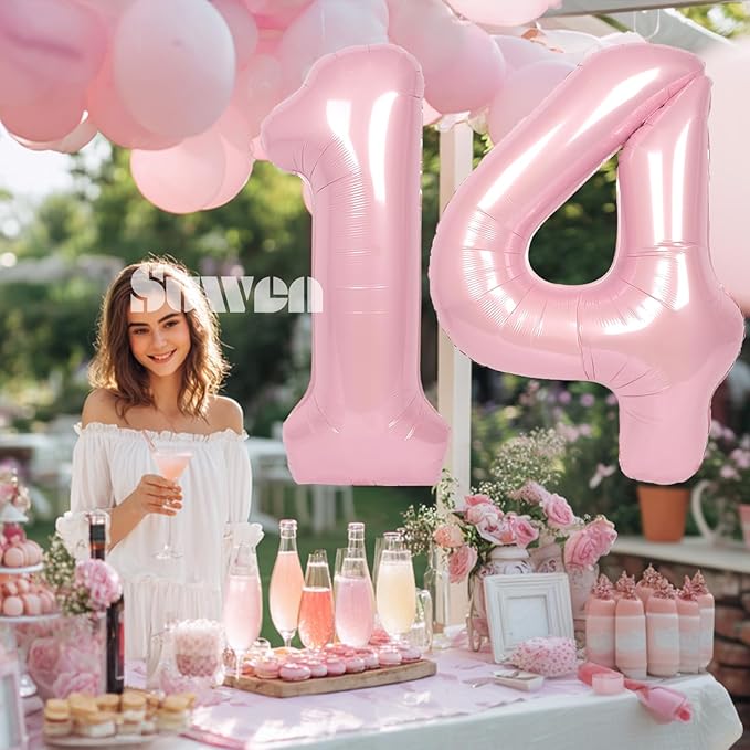 SUWEN 40 Inch Pink Large 14 Number Balloons Big Foil Helium Number Balloons 0-9 Jumbo Happy 14th Mylar Birthday Party Decorations for Girl or Women 41 Anniversary Party Supplies