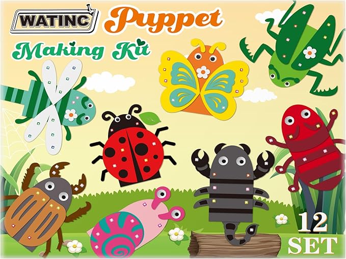 WATINC 12 Pcs Hand Puppet Making Kit, Art Craft Felt Sock Puppet Toys, Creative DIY Make Your Own Pompoms Wiggle Googly Eyes Storytelling Role Play Party Supplies Gift for Girls Boys (Insect Animals)