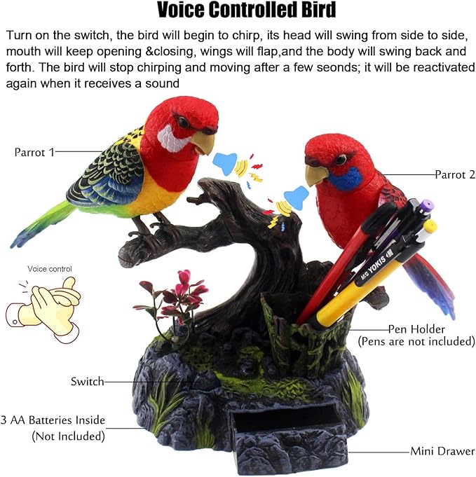 nulala Two Simulation Parrots Birds Desk Ornament - Voice Controlled Parrots Chirping and Wings Flap - Electronic Birds Pet for Home Garden Decor Ornament (513EF)