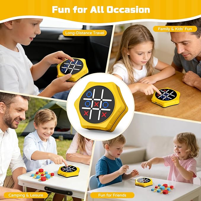 Tic Tac Toe Bolt Game,5 in 1 Handheld Puzzle Games Console,Electronic Tic Tac Toe Game for Educational&Memory,Portable Travel Games for Car Ride with Silent Mode,Toys Gift Idea for Kids&Family-Yellow