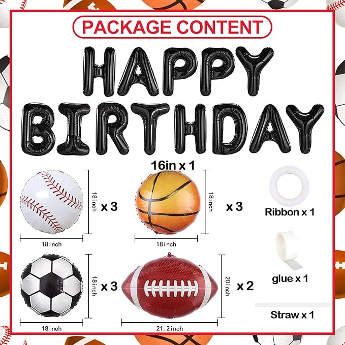 Sports Birthday Party Decorations Football Basketball Baseball Soccer Balloons, Aluminium Foil Happy Birthday Banner Sports Themed Party Supplies for Boys Kids