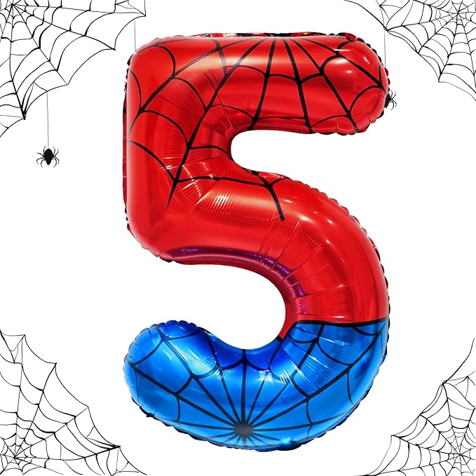 Spider Web Number 5 Balloon Birthday Decoration, Superhero Themed 40in Giant Mylar Number Party Supplies