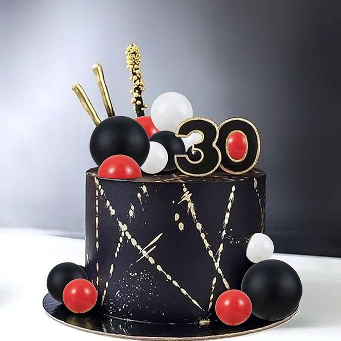 Gyufise 30Pcs Ball Cake Topper Decorations Mini Balloons Cake Topper Sticks Foam Balls Cake Picks Decorations Cake Decorations for Wedding Party Birthday Decorating Red Black White