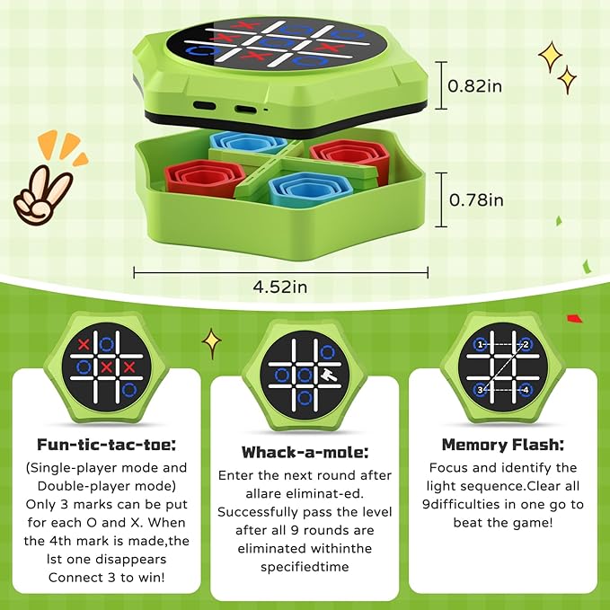 Tic Tac Toe Bolt Game,5-in-1 Handheld Puzzle Games Console,Electronic Tic Tac Toe Game for Educational&Memory,Portable Travel Games for Car Ride with Silent Mode,Toys Gift Idea for Kids & Family-Green