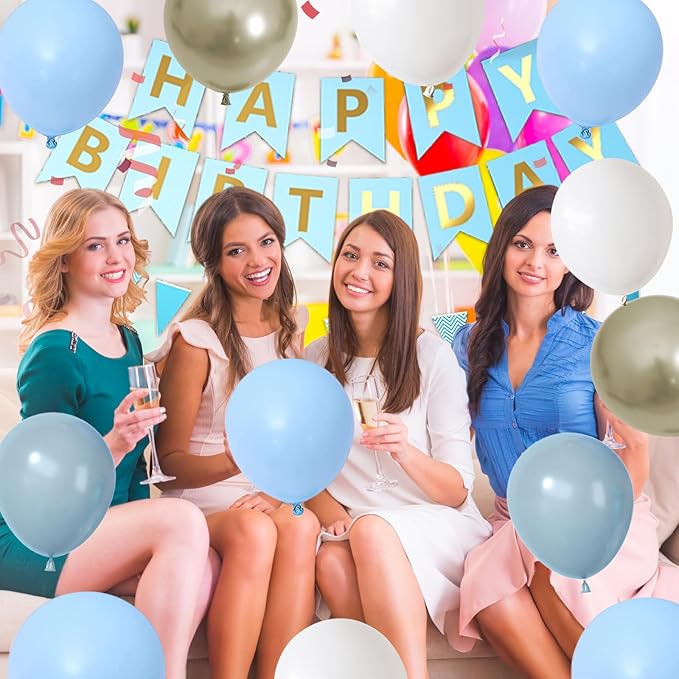 Blue Birthday Decorations, Dusty Blue Happy Birthday Party Decorations With Metallic Sand Gold Dusty Macaron Blue White Balloons Fringe Curtain Banner Cake Topper For Man Woman Party Supplies