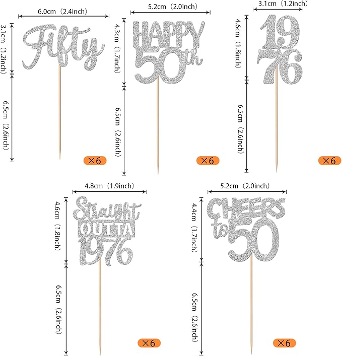30PCS 50th Birthday Cupcake Toppers Glitter Fifty Happy 50 Straight Outta 1976 Cupcake Picks for Cheers to 50 Years 50th Birthday Wedding Anniversary Party Cake Decorations Supplies Silver