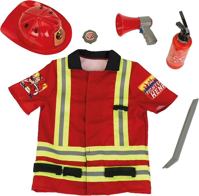 Klein: PRO Firefighter Costume - Red & Yellow - 5pc Set, Dress Up Outfit & Toy Accessories, Megaphone-Crowbar-Badge-Helmet, Pretend Play, Kids Ages 3+