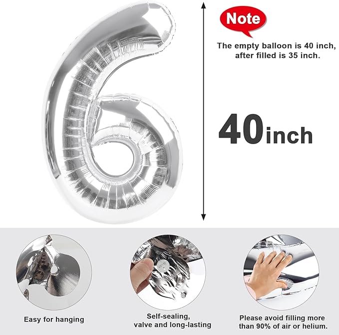 Number 6 Balloon 40 Inch, 6 7 Six Seven Birthday Decorations, 6th Birthday Balloon for Boy Girl, Silver 16 60 61 65 Numbers Balloons Graduations Anniversary Supplies