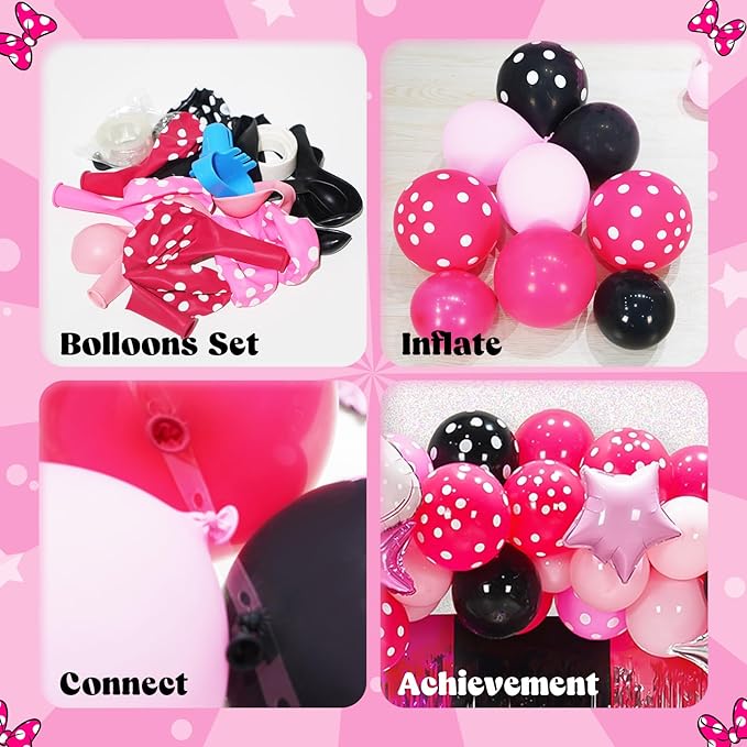 YIIHMEI Cartoon Mouse Birthday Party Decorations Supplies with Black Pink Style Letters Banner Balloons Kit for Girl's-104Pcs