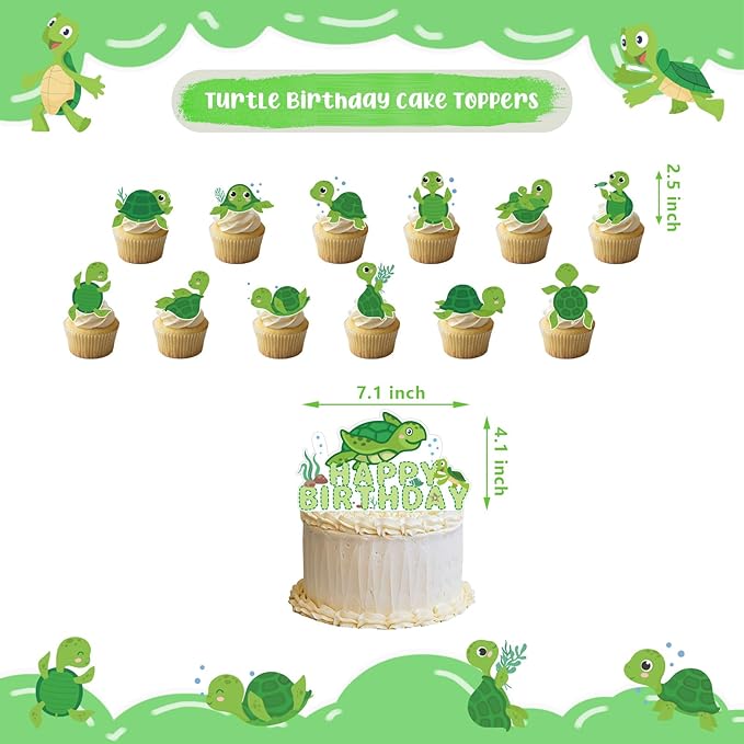 Cute Turtle Party Supplies - Birthday Banner, Hanging Swirls, Green Turtle Baby Cake Toppers, Balloons for Kids Animal Theme Baby Shower, Birthday Party Decors