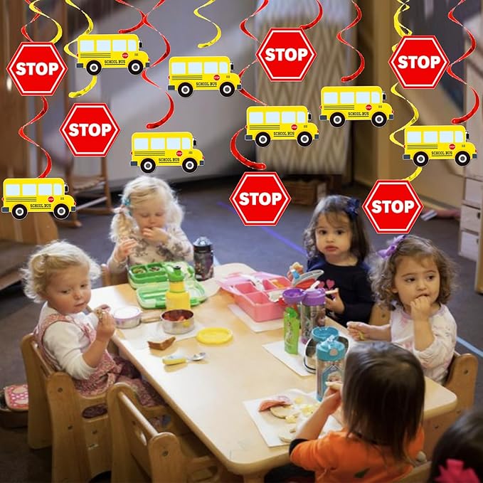 School Bus Hanging Swirls Wheels On The Bus Birthday Decorations 20Pcs Back to School Ceiling Swirls School Bus Party Hanging Streamers for School Classroom Theme Party Supplies