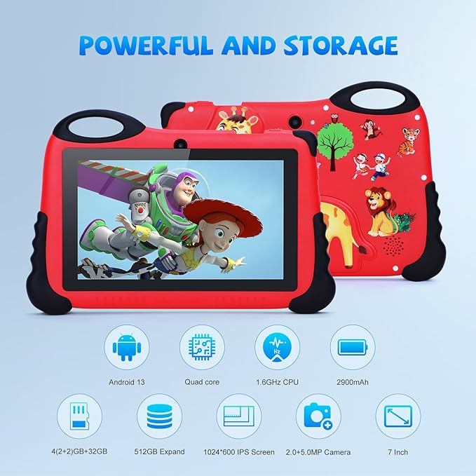 C idea 7 inches Kids Tablet,Android 13 Tablet for Kids Age 3-7, Pre-Installed Learning Educational Apps Todder Tablet, HD IPS Screen for Eye Protection,BT, WiFi, Dual Camera, Gift for Kids (Red)