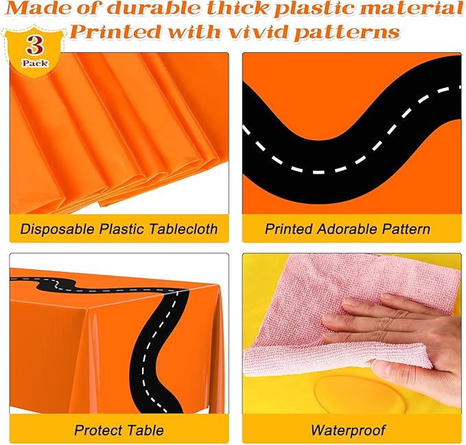 Irenare 3 Pcs Racing Table Cloths Car Birthday Party Supplies 54 x 108 Inch Racetrack Table Runner Covers Disposable Rectangular Road Tablecloth for Kids Boy Car Theme Party Decor (Orange)