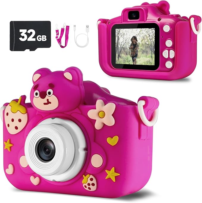 Kids Camera Toys,Kid Digital Camera for 6-12 Year Old Girls Boys,Selfie Kid Camera with Cartoon Soft Silicone Cover,HD Digital Video Camera for Kids - 32G SD Card Included (Pink)