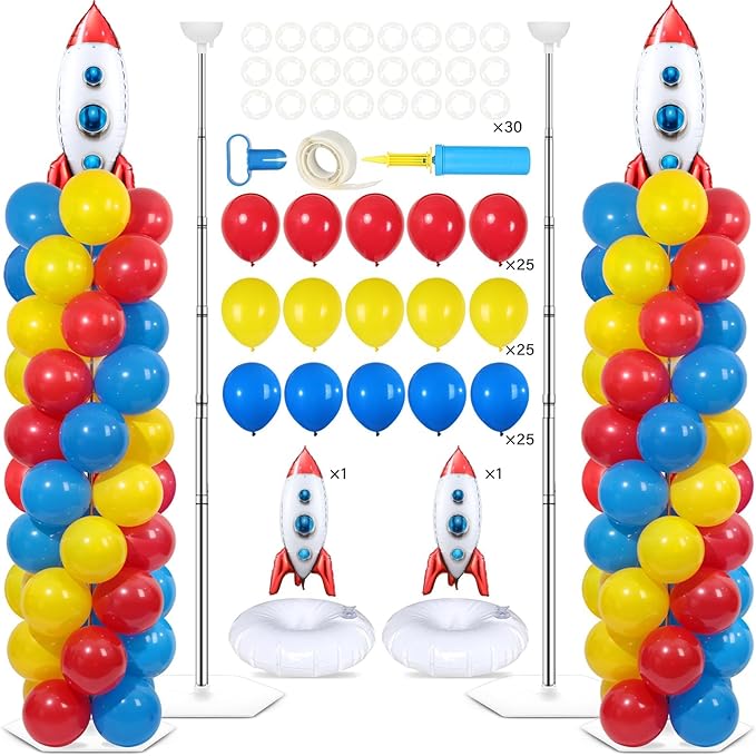 2 Sets Toy Inspired Story Balloons Column Stand Kit With 102 Rocket Foil Balloons 5.57ft Adjustable Tower Stand With Base Arch Column for Baby Shower Carton Birthday Party Supplies